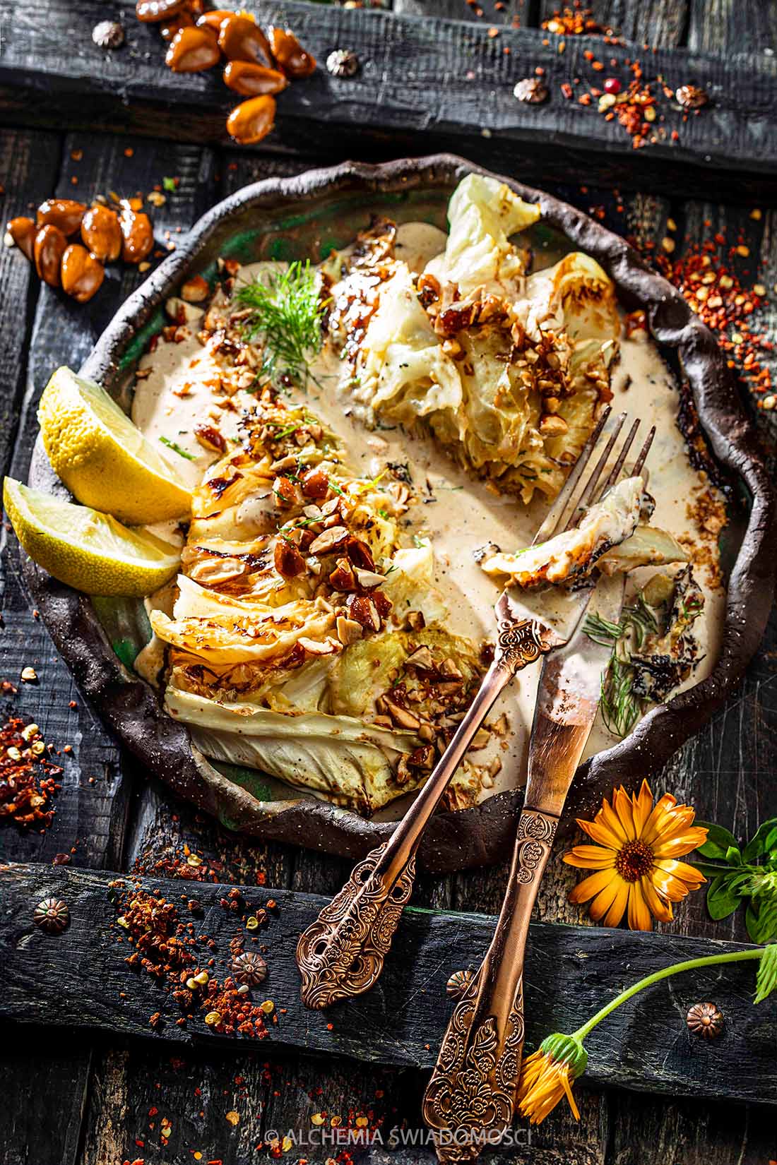 GRILLOWANA BIAŁA KAPUSTA, DRESSING TAHINI-CHIPOTLE, KRUSZONE KARMELIZOWANE MIGDAŁY, KOPEREK